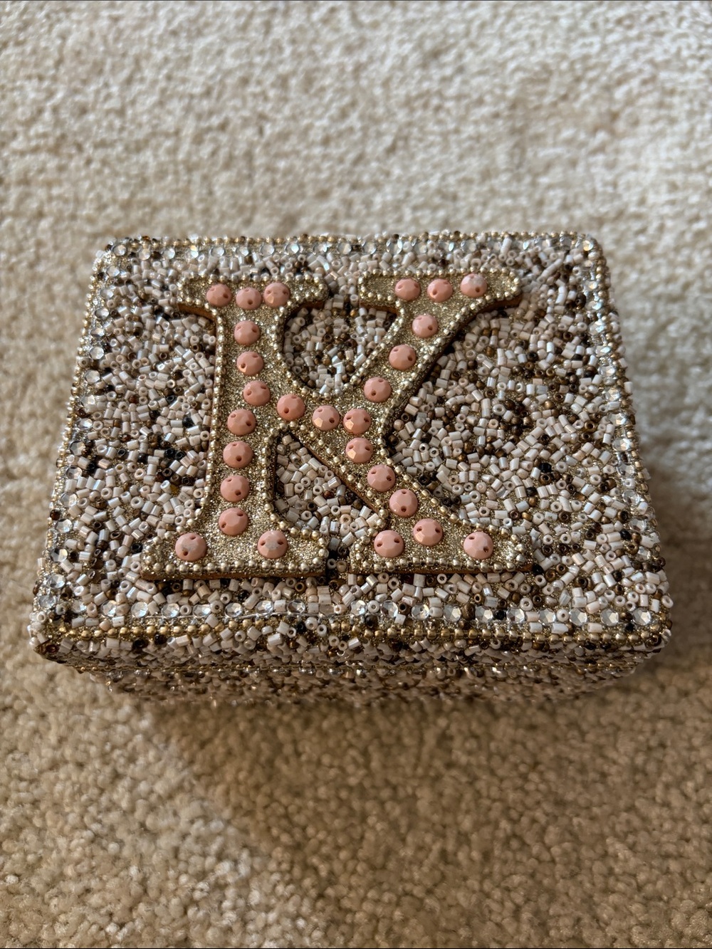 Pier 1 Embellished Beaded Jeweled Jewelry Trinket Box w/ Pink Accent 'K' Initial